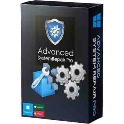 alt=Box design for Advanced System Repair Pro software featuring a wrench, gears, and a shield logo, indicating system optimization and repair.