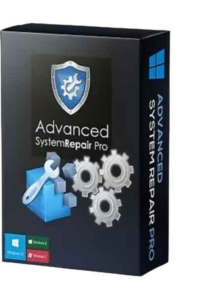 alt=Box design for Advanced System Repair Pro software featuring a wrench, gears, and a shield logo, indicating system optimization and repair.