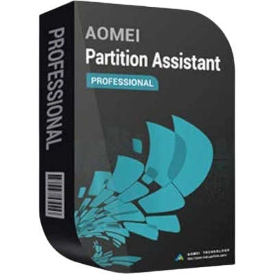 alt=AOMIE Partition Assistant Professional software box featuring a sleek dark design with blue abstract graphics.