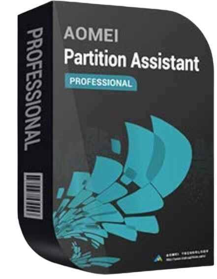 alt=AOMIE Partition Assistant Professional software box featuring a sleek dark design with blue abstract graphics.