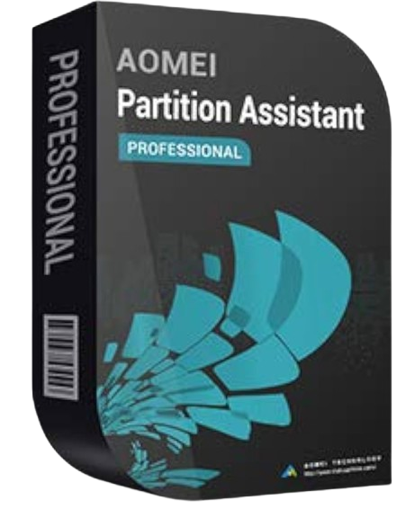 alt=AOMIE Partition Assistant Professional software box featuring a sleek dark design with blue abstract graphics.