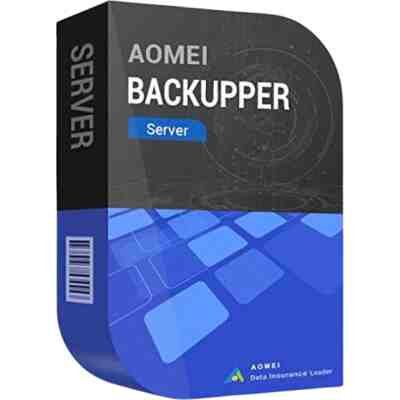 alt=AOMI Backupper Server software box, emphasizing data protection and backup solutions for servers, featuring a blue and black design.