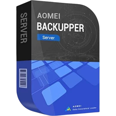 alt=AOMI Backupper Server software box, emphasizing data protection and backup solutions for servers, featuring a blue and black design.