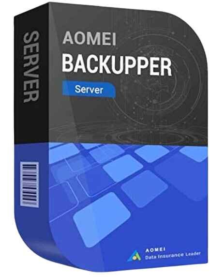 alt=AOMI Backupper Server software box, emphasizing data protection and backup solutions for servers, featuring a blue and black design.