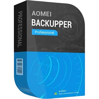 alt=AOMIE Backupper Professional software box featuring a modern design with blue accents and technical graphics, promoting data insurance solutions.