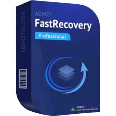 alt=A blue software box labeled "AOMEI FastRecovery Professional" with an arrow graphic and a layered icon, indicating data recovery functionality.