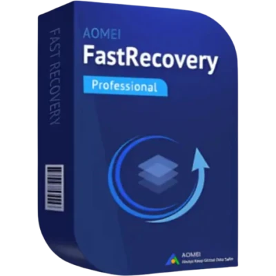 alt=A blue software box labeled "AOMEI FastRecovery Professional" with an arrow graphic and a layered icon, indicating data recovery functionality.