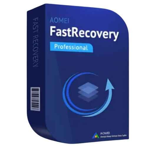 alt=A blue software box labeled "AOMEI FastRecovery Professional" with an arrow graphic and a layered icon, indicating data recovery functionality.