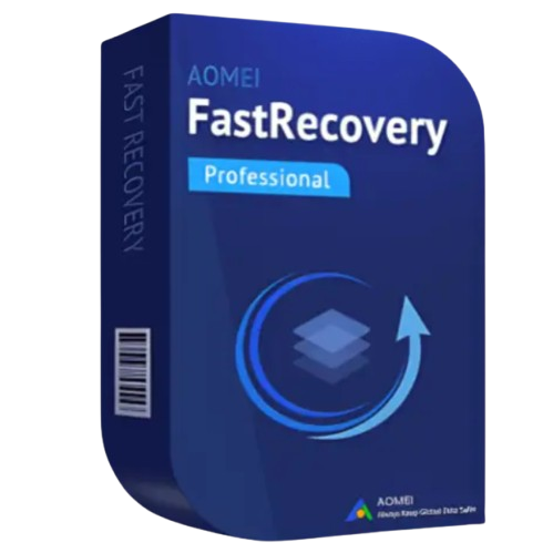 alt=A blue software box labeled "AOMEI FastRecovery Professional" with an arrow graphic and a layered icon, indicating data recovery functionality.