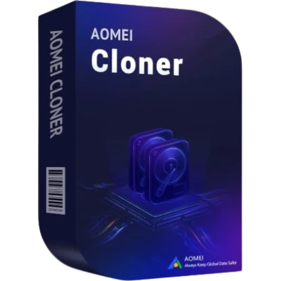 alt=AOMI Cloner software box design featuring the name "Cloner" prominently displayed, with artwork of two blue hard drives.
