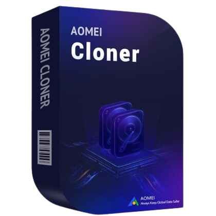 alt=AOMI Cloner software box design featuring the name "Cloner" prominently displayed, with artwork of two blue hard drives.