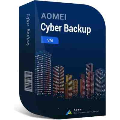alt=AOMIE Cyber Backup software box featuring a city skyline design, labeled "VM" and "Data Insurance Leader."