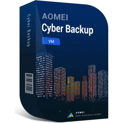 alt=AOMIE Cyber Backup software box featuring a city skyline design, labeled "VM" and "Data Insurance Leader."