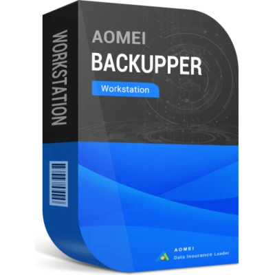 alt=AOMIE Backupper Workstation software box design featuring a sleek blue and black color scheme with tech graphics in the background.
