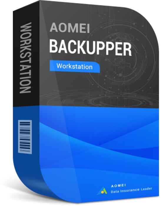 alt=AOMIE Backupper Workstation software box design featuring a sleek blue and black color scheme with tech graphics in the background.