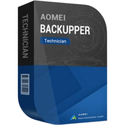 alt=AOMI Backupper Technician software box, featuring a sleek black and blue design, showcasing data backup and recovery solutions.