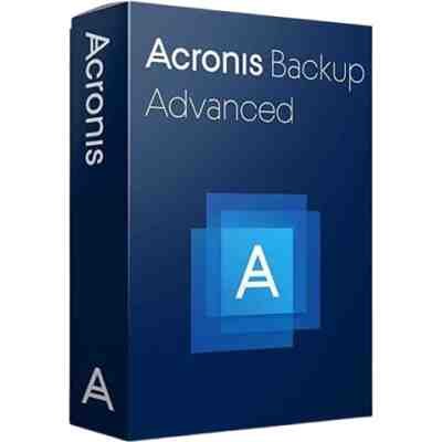 alt=Blue box packaging for Acronis Backup Advanced software, featuring a stylized "A" logo and the product name prominently displayed.