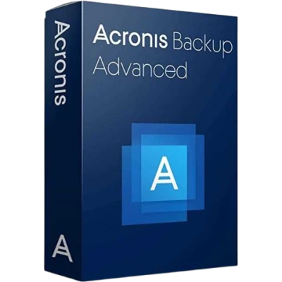 alt=Blue box packaging for Acronis Backup Advanced software, featuring a stylized "A" logo and the product name prominently displayed.
