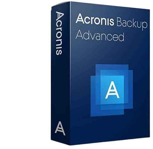 alt=Blue box packaging for Acronis Backup Advanced software, featuring a stylized "A" logo and the product name prominently displayed.