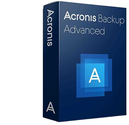 alt=Blue box packaging for Acronis Backup Advanced software, featuring a stylized "A" logo and the product name prominently displayed.