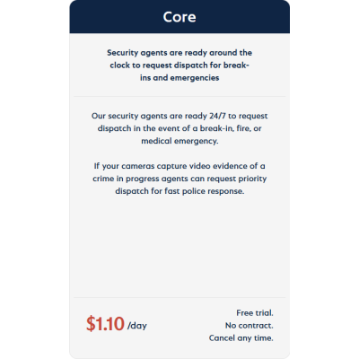 alt=Image shows a promotional graphic for security services featuring the title "Core," details about 24/7 emergency dispatch, and a pricing of $1.10/day.