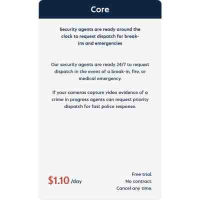 alt=Image shows a promotional graphic for security services featuring the title "Core," details about 24/7 emergency dispatch, and a pricing of $1.10/day.