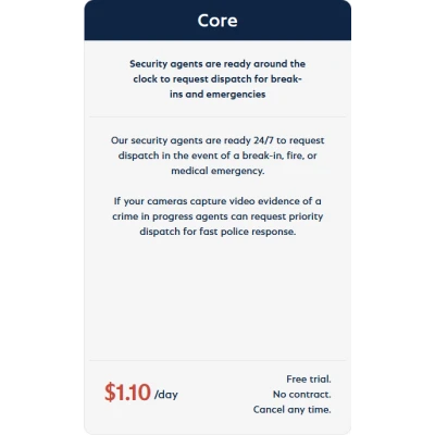 alt=Image shows a promotional graphic for security services featuring the title "Core," details about 24/7 emergency dispatch, and a pricing of $1.10/day.