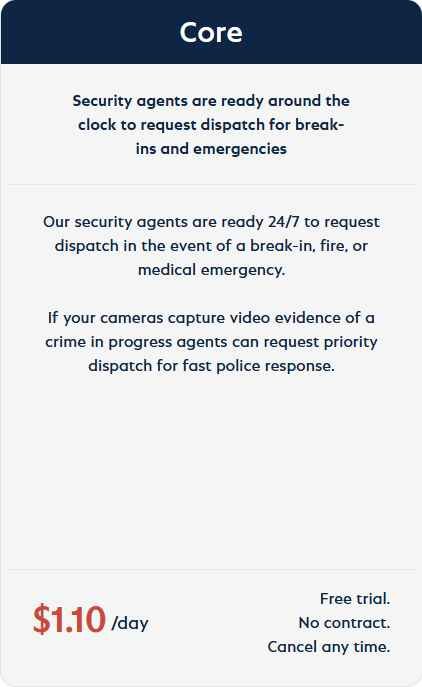 alt=Image shows a promotional graphic for security services featuring the title "Core," details about 24/7 emergency dispatch, and a pricing of $1.10/day.
