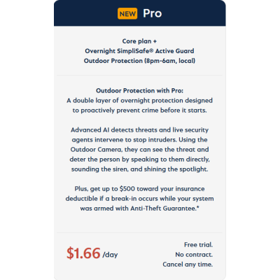 alt=Promotional ad for SimpliSafe's Pro plan, highlighting advanced outdoor security features, AI detection, and potential insurance discounts.