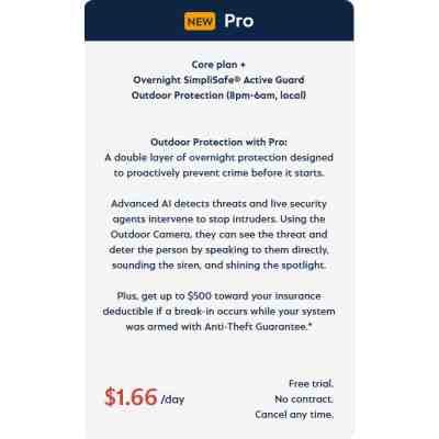 alt=Promotional ad for SimpliSafe's Pro plan, highlighting advanced outdoor security features, AI detection, and potential insurance discounts.