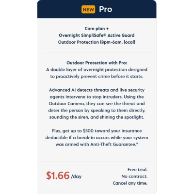 alt=Promotional ad for SimpliSafe's Pro plan, highlighting advanced outdoor security features, AI detection, and potential insurance discounts.