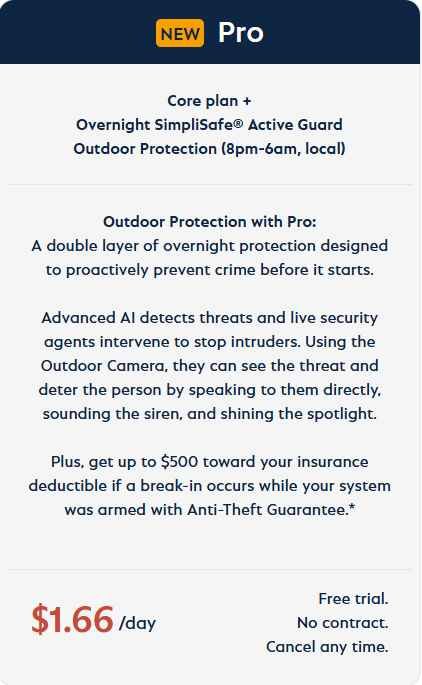 alt=Promotional ad for SimpliSafe's Pro plan, highlighting advanced outdoor security features, AI detection, and potential insurance discounts.