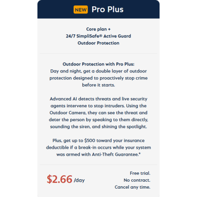 alt=Promotional graphic for SimpliSafe's Pro Plus plan, highlighting 24/7 outdoor protection and features like threat detection and insurance benefits.