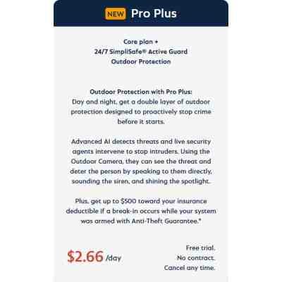alt=Promotional graphic for SimpliSafe's Pro Plus plan, highlighting 24/7 outdoor protection and features like threat detection and insurance benefits.