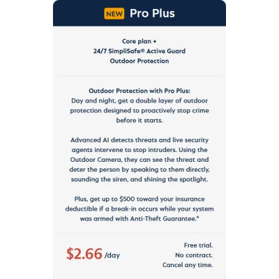 alt=Promotional graphic for SimpliSafe's Pro Plus plan, highlighting 24/7 outdoor protection and features like threat detection and insurance benefits.