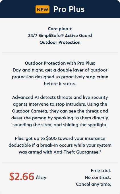 alt=Promotional graphic for SimpliSafe's Pro Plus plan, highlighting 24/7 outdoor protection and features like threat detection and insurance benefits.