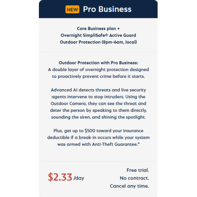 alt=Ad for SimpliSafe Pro Business Plan offering overnight outdoor protection, AI threat detection, and up to $500 in insurance deductible coverage.