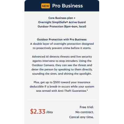 alt=Ad for SimpliSafe Pro Business Plan offering overnight outdoor protection, AI threat detection, and up to $500 in insurance deductible coverage.