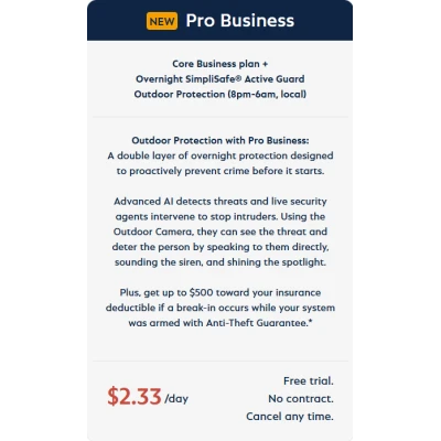 alt=Ad for SimpliSafe Pro Business Plan offering overnight outdoor protection, AI threat detection, and up to $500 in insurance deductible coverage.