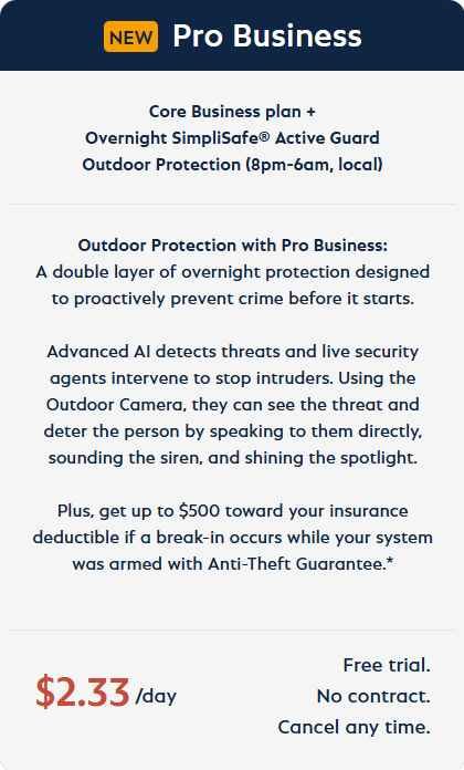 alt=Ad for SimpliSafe Pro Business Plan offering overnight outdoor protection, AI threat detection, and up to $500 in insurance deductible coverage.