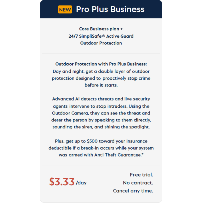 alt=Image promoting "Pro Plus Business" security plan with outdoor protection details and pricing, highlighting AI detection and live security support.