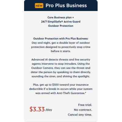 alt=Image promoting "Pro Plus Business" security plan with outdoor protection details and pricing, highlighting AI detection and live security support.