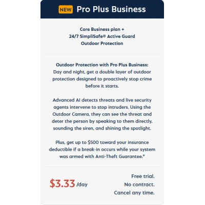 alt=Image promoting "Pro Plus Business" security plan with outdoor protection details and pricing, highlighting AI detection and live security support.