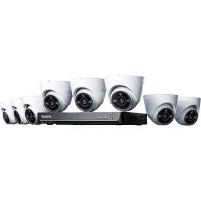 alt=A collection of eight Reolink security cameras stacked around a central recorder, all set against a soft blue gradient background.