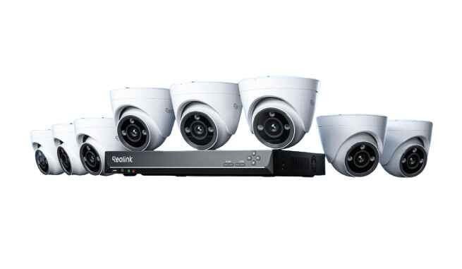 alt=A collection of eight Reolink security cameras stacked around a central recorder, all set against a soft blue gradient background.