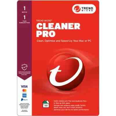 alt=Box for Trend Micro Cleaner Pro, featuring a red background with white text, highlighting features for optimizing Mac or PC performance.