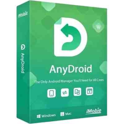 alt=Green software box for AnyDroid, featuring a logo with a circular arrow and text: "The Only Android Manager You'll Need for All Cases."