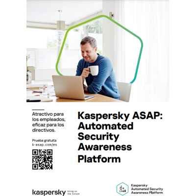 alt=A person sits at a desk with a laptop, holding a cup, promoting Kaspersky's Automated Security Awareness Platform. QR code included.