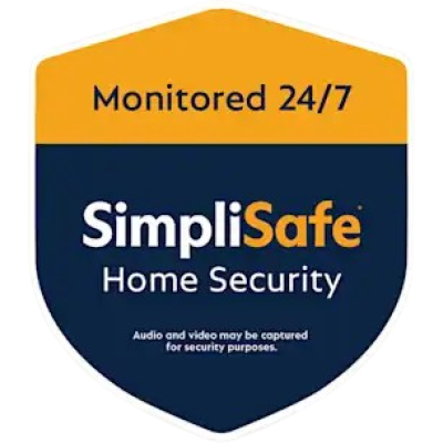 alt=SimpliSafe Home Security badge, stating "Monitored 24/7." Includes note about audio and video capture for security purposes.