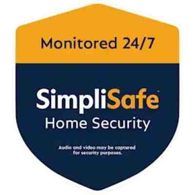 alt=SimpliSafe Home Security badge, stating "Monitored 24/7." Includes note about audio and video capture for security purposes.